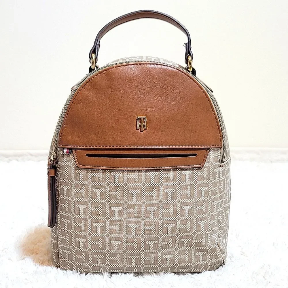 Tommy Hilfiger Tan Printed Noe Beige Bucket Faux Leather Bag Mini Backpack